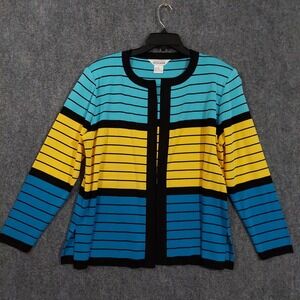 Exclusively Misook Sweater Womens Large Blue Yellow Stripe Open Front Cardigan